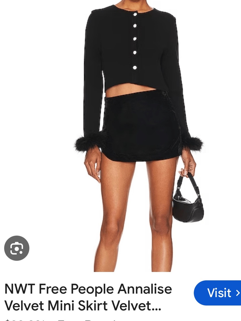 Free People Annalise Velvet Mini Skirt.  Black. Size 6. NWT